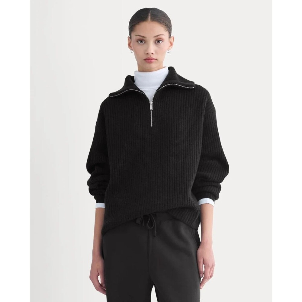 EVERLANE Half Zip Sweater In Luxe Merino S Black Collared Relaxed NEW B6